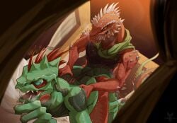 anthro bed biped detailed_background duo furniture green_body hi_res lizardman looking_back lying male male/male on_bed on_front open_mouth red_body scalie tenebscuro the_red_prince