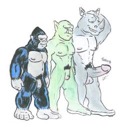 2007 anthro ape barefoot black_body black_fur bruno_rhynox countershading erection feet flaccid fur genitals glans gor_(tomcat) gorilla graphite_(artwork) green_body green_skin grey_body grey_skin group haplorhine humanoid humanoid_genitalia humanoid_penis low_res male mammal nipples noblekitty1_(artist) nude orc orc_male pencil_(artwork) penis pink_balls pink_glans pink_nipples prehensile_feet primate rhinoceros sound_effects toes traditional_media_(artwork) trassk trio