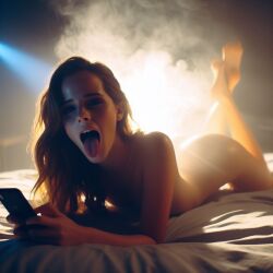 1girls ai_generated bed_sheet brown_hair cellphone completely_naked_female curvy curvy_hips dall-e3 emma_watson feet_up full_body holding_cellphone light-skinned_female light_skin long_hair looking_at_viewer lying lying_on_bed naked naked_female nude nude_female on_bed on_front on_stomach open_mouth selfie solo taking_selfie teeth tongue tongue_out upper_teeth upper_teeth_only wavy_hair wet