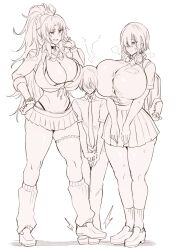 1boy 2girls 2girls1boy aba_rano abarano backpack belly_button belly_button_piercing big_breasts black_and_white blush blushing_female blushing_male blushing_profusely bowtie bra breasts buttons choker confident_female femdom giantess hair_cover_eyes hair_covering_eyes hands_on_hips headphones headphones_around_neck long_hair miniskirt revealing_breasts revealing_outfit revealing_panties shorter_boy shorter_male skirt smile smirk squished_breasts stepping_on_foot stepping_on_male sweating taller_female taller_girl taller_woman thick_thighs thighs tie uniform