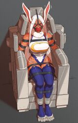 ball_gag bondage bunny_ears bunny_girl defeated_heroine gag gagged harness_ball_gag leather_straps leotard looking_at_viewer miruko muscular_female my_hero_academia restrained restrained_to_chair skelebomb superheroine tied_to_chair