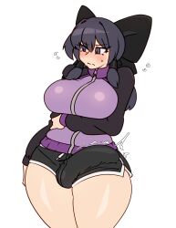 1futa big_breasts big_penis black_hair bow breasts bulge clothed clothing embarrassed erection erection_under_clothes fully_clothed futa_only futanari human light-skinned_futanari light_skin penis penis_under_clothes short_shorts shorts solo solo_futa standing sunk118 thick_thighs track_jacket white_background wide_hips