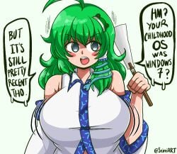 1girls ahoge alternate_version_available aqua_eyes big_breasts boomer_sanae breasts english_text green_hair light-skinned_female long_hair meme miko motion_lines open_mouth pink_cheeks sanae_kochiya seireiart shrine_maiden solo solo_female talking text text_bubble touhou watermark white_background