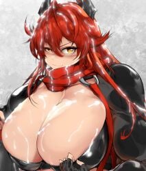 1girls black_gloves black_shirt blush breasts cleavage cum cum_on_body cum_on_breasts excessive_cum facial fingerless_gloves goddess_of_victory:_nikke headwear hi_res huge_breasts jin-jin long_hair looking_at_viewer red_hair red_hood_(nikke) scarf sidelocks smile straps yellow_eyes