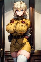 1girls ai_generated arms_behind_back belt blue_eyes female female_only hellsing hellsing_ultimate huge_breasts military_uniform nervous seras_victoria short_hair short_skirt solo stable_diffusion tampopo white_thighhighs yellow_hair yellow_skirt yellow_uniform