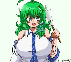 1girls ahoge alternate_version_available aqua_eyes big_breasts breasts female green_hair light-skinned_female light_skin long_hair meme miko motion_lines open_mouth pink_cheeks sanae_kochiya seireiart shrine_maiden solo solo_female textless textless_version touhou watermark white_background