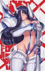 1girls bakuzan big_breasts black_hair blue_eyes breasts cleavage female female_only flatillustratorkhan hair high_resolution highres huge_breasts impossible_clothes junketsu kill_la_kill kiryuuin_satsuki legwear long_hair skimpy skimpy_clothes solo solo_female thick_thighs thighhighs thighs weapon white_thighhighs