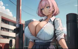 ai_generated black_skirt blue_eyes bursting_breasts city cleavage huge_breasts opal_(tampopo) open_shirt original original_character outside pink_hair short_hair tampopo white_shirt