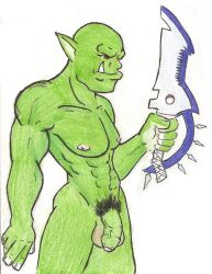 2007 abs blade flaccid foreskin genitals glans graphite_(artwork) green_body green_penis green_skin humanoid humanoid_genitalia humanoid_penis male male_only muscular muscular_male nipples noblekitty1_(artist) orc orc_male pecs pencil_(artwork) penis pink_balls pink_glans pink_nipples pubes solo traditional_media_(artwork) trassk