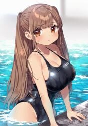 1girls bangs bare_arms bare_shoulders black_one-piece_swimsuit blunt_bangs blush breasts brown_eyes brown_hair cleavage closed_mouth collarbone competition_swimsuit female kodama_(sakura_yuki) large_breasts long_hair looking_at_viewer one-piece_swimsuit pool poolside sakura_yuki_(clochette) shortstack solo swimsuit twintails two_side_up water wet wet_clothes wet_swimsuit