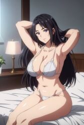 ai_generated armpits arms_behind_back artist_request asking_for_it bed bedroom bedroom_eyes big_breasts black_hair bra busty cattleya_baudelaire horny large_breasts lingerie long_hair milf seductive undressing violet_evergarden white_panties