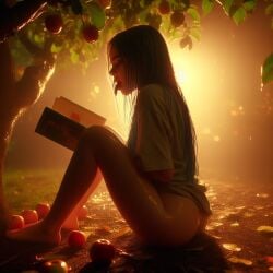 ai_generated barefoot_on_grass billie_eilish celebrity dall-e3 naked naked_female nude nude_female raining reading reading_book sitting sitting_on_ground soaked wet wet_body