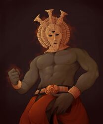 1boy 1male abs dagoth_ur erection erection_under_clothes gray_skin long_nails looking_at_viewer male_nipples male_only masked masked_male morrowind muscular partially_clothed pecs penis_peek simple_background sludge666 solo_male the_elder_scrolls