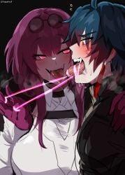 1boy blade_(honkai:_star_rail) blush bondage breasts drooling femdom gloves honkai:_star_rail honkai_(series) implied_kiss kafka_(honkai:_star_rail) kurenaiz1 large_breasts long_hair malesub pink_eyes pink_hair ropes sunglasses sunglasses_on_head tongue_bondage tongue_kiss