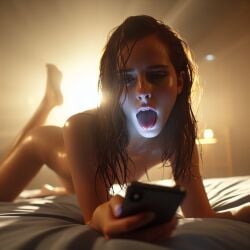 ai_generated dall-e3 emma_watson lying_on_bed naked naked_female nude nude_female on_bed selfie taking_selfie wet