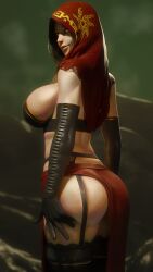 apulaz ass ass_lift black_gloves black_legwear black_thighhighs color crossbowpussycat dark_souls dark_souls_2 desert_sorceress female_only fromsoftware garter_straps golden_eyes large_breasts original_character red_hood red_skirt side_view