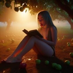 ai_generated barefoot_on_grass billie_eilish celebrity dall-e3 naked naked_female nude nude_female raining reading reading_book sitting sitting_on_ground soaked wet wet_body