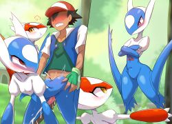 1girls 2boys anal anal_sex anthro areola biped blue_body blush bodily_fluids clothed clothing crossed_arms cum cum_in_ass cum_inside ejaculation erection femboy generation_3_pokemon genital_fluids genitals girly group hi_res human latias latios legendary_pokemon male male/male male_penetrated male_penetrating male_penetrating_male mammal nintendo nipples penetration penile penile_penetration penis pokemon pokemon_(species) red_body red_eyes satoshi_(pokemon) sex trio white_body yaoi yellow_eyes zerokun135