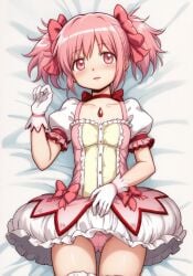 ai_generated fruitstealer laying_down laying_on_back laying_on_bed lifting_skirt looking_at_viewer madoka_kaname magical_girl magical_girl_outfit mahou_shoujo_madoka_magica panties pillow pink_eyes pink_hair pink_ribbon puella_magi_madoka_magica ribbon ribbons skirt_lift twintails