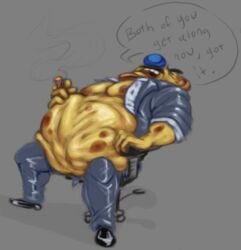 aggie.io belly belly_bulge big_belly big_belly_bulge cigar detailed_bulge dialogue english_text facial_hair fat_man food_humanoid gay loodles male male_pred male_prey mature_male moustache multiple_prey musclegut nipples overweight_male peppino_spaghetti pizza_tower pizzabro pizzahead smoking soft_vore squirming_gut suit unseen_character vore vore_belly