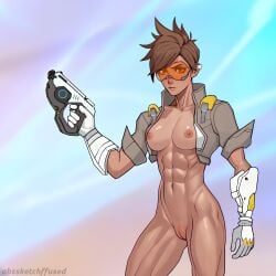 1girls 2023 2d 4k abs abssketchffused ai_generated armed belly blizzard_entertainment breasts brown_eyes brown_hair cameltoe female female_focus female_only functionally_nude genitals glasses gloves gun hi_res human jacket looking_at_viewer muscles muscular muscular_female nipples nude nude_female overwatch overwatch_2 pussy self_upload simple_background skinny skinny_girl solo stable_diffusion tagme tracer weapon