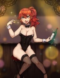 1girls 2023 :p alcohol anna_(fire_emblem) bottle bowtie bunny_girl bunnysuit cleavage coin female female_only fire_emblem hair_between_eyes highres light-skinned_female light_skin looking_at_viewer medium_breasts money nintendo playboy_bunny red_eyes red_hair shioinue side_ponytail solo thick_thighs thighhighs tongue tongue_out wrist_cuffs