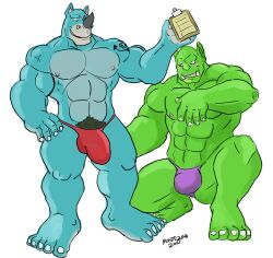 2010 anthro bara barefoot blue_body blue_skin blush bruno_rhynox bulge clipboard clothing countershading duo facial_horn feet green_body green_skin horn humanoid male male_only mammal montezuma_(artist) muscular muscular_anthro muscular_male nipples nose_horn orc pink_nipples pubes rhinoceros tattoo thong trassk tusks underwear