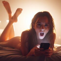 1girls ai_generated ass brown_hair cellphone ctoes dall-e3 emma_watson feet feet_up holding_phone legs lips long_hair lying lying_on_bed naked naked_female nude nude_female on_bed open_mouth phone soles solo surprised wet wet_hair