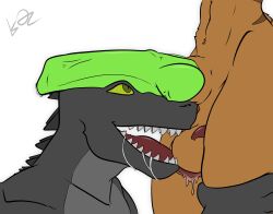 absurd_res animal_genitalia anthro arxur_(the_nature_of_predators) ball_lick balls bodily_fluids brown_body brown_fur duo fur genitals green_eyes green_penis hi_res kennedy_oz lexxa_(killsode) licking male mammal marsupial oral penis penis_on_head reptile saliva saliva_string scalie sex sharp_teeth teeth the_nature_of_predators tongue tongue_out yotul_(the_nature_of_predators)