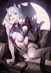 1girls animal_ears asian asian_female bare_arms bare_shoulders blue_eyes blue_hair breasts cat_ears cat_tail catgirl chains clothing_aside collar cyberpunk:_edgerunners cyberpunk_(series) eyeliner feline female indoors leash leotard lucyna_kushinada lying makeup medium_breasts multicolored_hair mumei_(artist) nipples no_bra on_couch on_side one_breast_out presenting presenting_breasts revealing_clothes short_hair sleeveless sofa solo tail thigh_strap