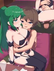 07th_expansion 1boy 1girls bar_censor big_breasts blue_eyes breasts censored cleavage clothed_sex green_hair higurashi_no_naku_koro_ni keiichi_maebara large_breasts legs_together maebara_keiichi mion_sonozaki panties_aside ponytail pussy recklessdraw sex sitting_on_person thighhighs vaginal_penetration