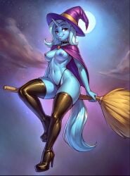 ai_generated anthro areola bloom blue_body blue_hair blue_skin blue_tail boots breasts equid equine friendship_is_magic groupstation hair hasbro horn mammal moon my_little_pony night nipples panties purple_eyes smile solo stable_diffusion tail trixie_(mlp) unicorn unicorn_horn witch_hat