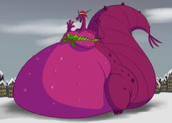 bartok_the_magnificent bbw big_belly christmas cursereaper dragon dragoness fat_tail giantess ludmilla_(bartok) magenta_skin scalie snow ssbbw transformation