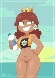 1girls bird birds blush bottle bottomless bottomless_female brown_hair crop crown female female_only flower flower_earrings green_eyes looking_at_viewer mario_(series) navel nekuzx nintendo no_panties no_pants ocean princess_daisy pussy smile smirk solo solo_focus tan_skin