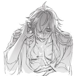 1boy adjusting_hair after_fellatio ahoge blank_censor blush censored closed_eyes crossed_bangs cum facial fingernails greyscale hair_over_one_eye hand_up honkai:_star_rail honkai_(series) japanese_clothes jing_yuan kimono long_hair male_focus mole mole_under_eye monochrome one_eye_covered open_clothes open_kimono penis penis_grab rayinhsr sidelocks sleeves_rolled_up solo_focus tongue tongue_out yaoi