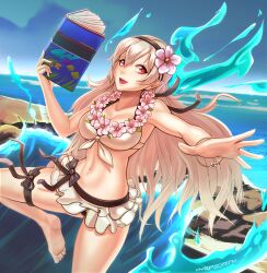 1girls alternate_costume beach bikini blue_sky book breasts cleavage corrin_(female)_(summer)_(fire_emblem) corrin_(fire_emblem) corrin_(fire_emblem)_(female) fire_emblem fire_emblem_fates fire_emblem_heroes hybridmink large_breasts magenta_eyes nintendo ocean official_alternate_costume outdoors red_eyes white_bikini white_hair white_swimsuit