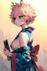 ai_generated aiposter bare_shoulders breasts horns looking_at_viewer mina_ashido my_hero_academia pink_hair sideboob