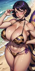 1girls 2023 ai_generated armpits beach big_breasts bikini black_hair blush blush_lines blushing_at_viewer bracelet breasts cleavage cloud collarbone day earrings female female_only gigantic_breasts high_resolution highres hips hourglass_figure knees large_breasts looking_at_viewer micro_bikini navel original original_character parted_lips print_bikini self_upload short_hair smile smiling smiling_at_viewer solo stable_diffusion standing tanned_female tanned_girl tanned_skin thighs tiger_print_bikini toned toned_body toned_female two_tone_hair voluptuous voluptuous_female water yodayo