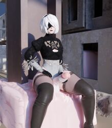 1futa 3d alexxd13 balls big_balls big_penis blindfold breasts clothing erect_penis erection futa_only futanari hairband image intersex light-skinned_futa light_skin nier nier:_automata penis short_hair sitting solo testicles thick_thighs thighhighs white_hair yorha_2b