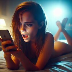 ai_generated dall-e3 emma_watson lying_on_bed naked naked_female nude nude_female on_bed selfie taking_selfie wet