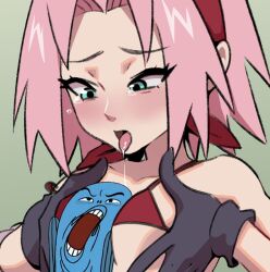 1girls bra deuueaugh female headband meme myahogao naizuri naruto paizuri pink_hair sakura_haruno saliva small_breasts spongebob_squarepants tears titfuck titjob