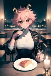 ai_generated aiposter blush candle cleavage horns jacket leather_jacket looking_at_viewer mina_ashido my_hero_academia pink_hair restaurant white_shirt