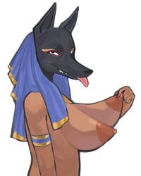 3anthro anubian_jackal anubis areola big_breasts breasts canid canine canis deity egyptian_mythology female hi_res humanoid jackal looking_at_viewer mammal middle_eastern_mythology mythology nipple_fetish nipple_pinch nipple_play nipples nude pinch poivre_moulu solo tongue tongue_out torpedo_breasts