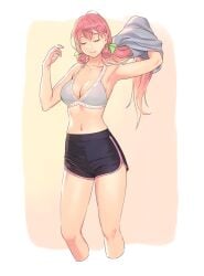 akashi_(kantai_collection) arms_up belly_button big_breasts bra closed_eyes kantai_collection long_hair long_legs pink_hair shirt_removed shorts small_waist smile smiling yuuji_(and)