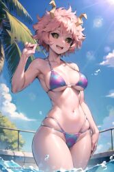 ai_generated aiposter bikini happy horns in_water mina_ashido my_hero_academia pink_hair pool sun sunshine water