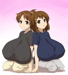 2girls artist_request breasts_bigger_than_head breasts_bigger_than_torso clothed huge_breasts hyper hyper_breasts k-on! multiple_girls ui_hirasawa_(k-on!) yui_hirasawa_(k-on!)