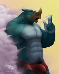 2011 abs anthro ayndrew balls_outline bottomwear bruno_rhynox bulge clothed clothing facial_horn genital_outline hi_res horn male mammal muscular muscular_anthro muscular_male nipples nose_horn pecs penis_outline pubes rhinoceros shorts solo topless