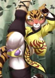 absurd_res anthro big_breasts blush bodily_fluids breasts clothed clothing dildo dreamworks felid female fur genital_fluids genitals hi_res kung_fu_panda mammal master_tigress moodang pantherine penetration pussy sex_toy sex_toy_insertion solo stripes tiger vaginal_penetration