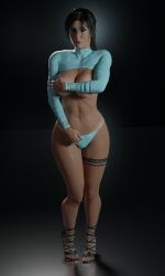 3d athletic athletic_female big_breasts breasts brown_eyes brown_hair busty crop_top female female_focus female_only g-string high_heels hourglass_figure image lara_croft lara_croft_(survivor) long_hair makeup navel pinup pinup_pose ponytail sicipo6908 tattoo tomb_raider tomb_raider_(survivor) wide_hips