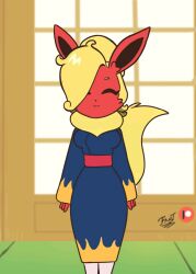 animated anthro big_breasts black_eyes blonde_hair breasts clothing eeveelution fan_character fantharubi female flareon fur generation_1_pokemon hair navel nintendo pokemon pokemon_(species) ponytail red_body red_fur tail